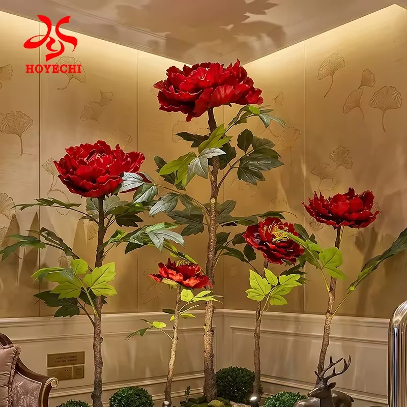Peony flower stems and leaves viewed in the showroom