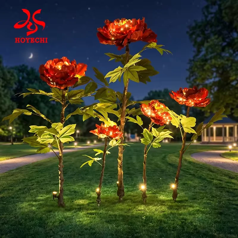 Source illustration of illuminated peony flowers in an outdoor setting