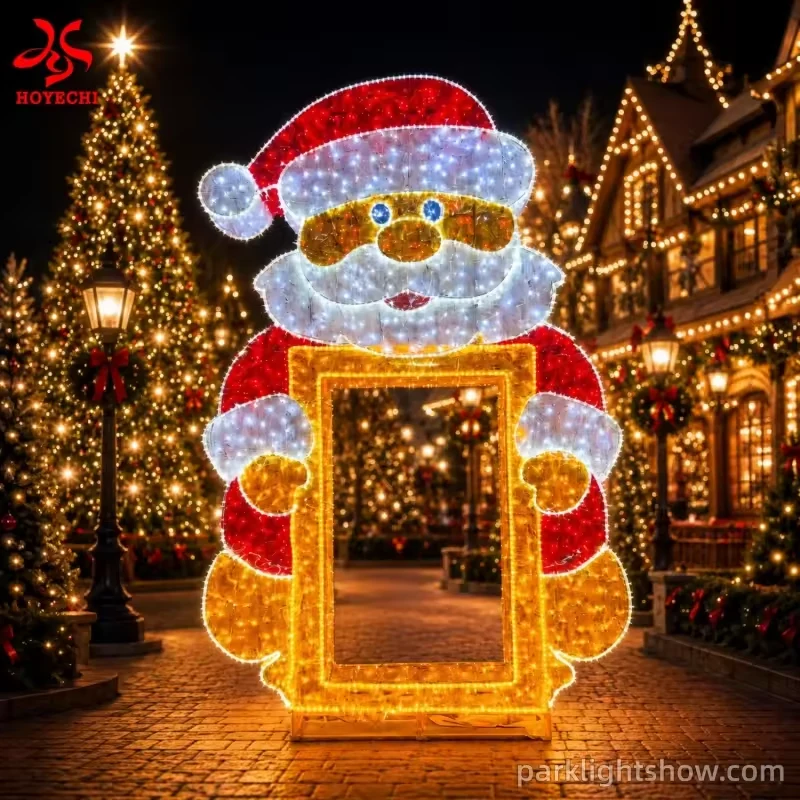 Santa photo frame light illustrated in a festive street setting