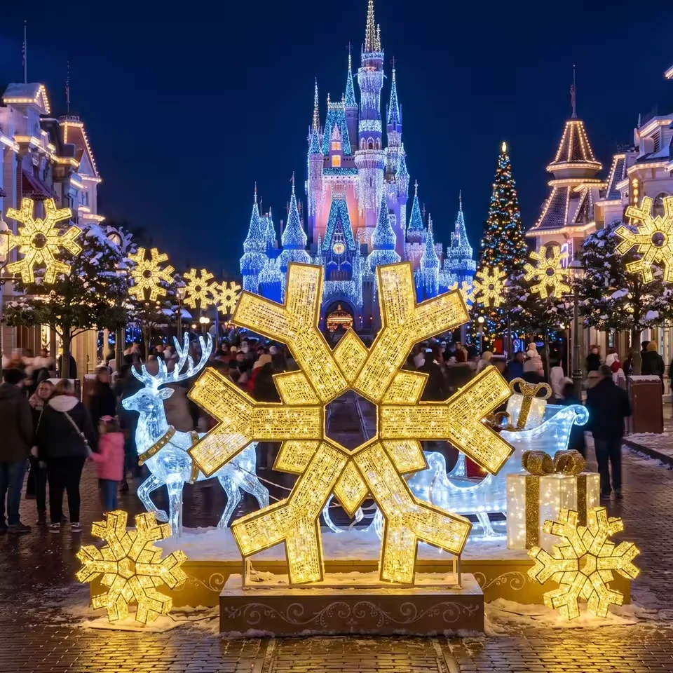 Large snowflake decoration in a festive venue setting