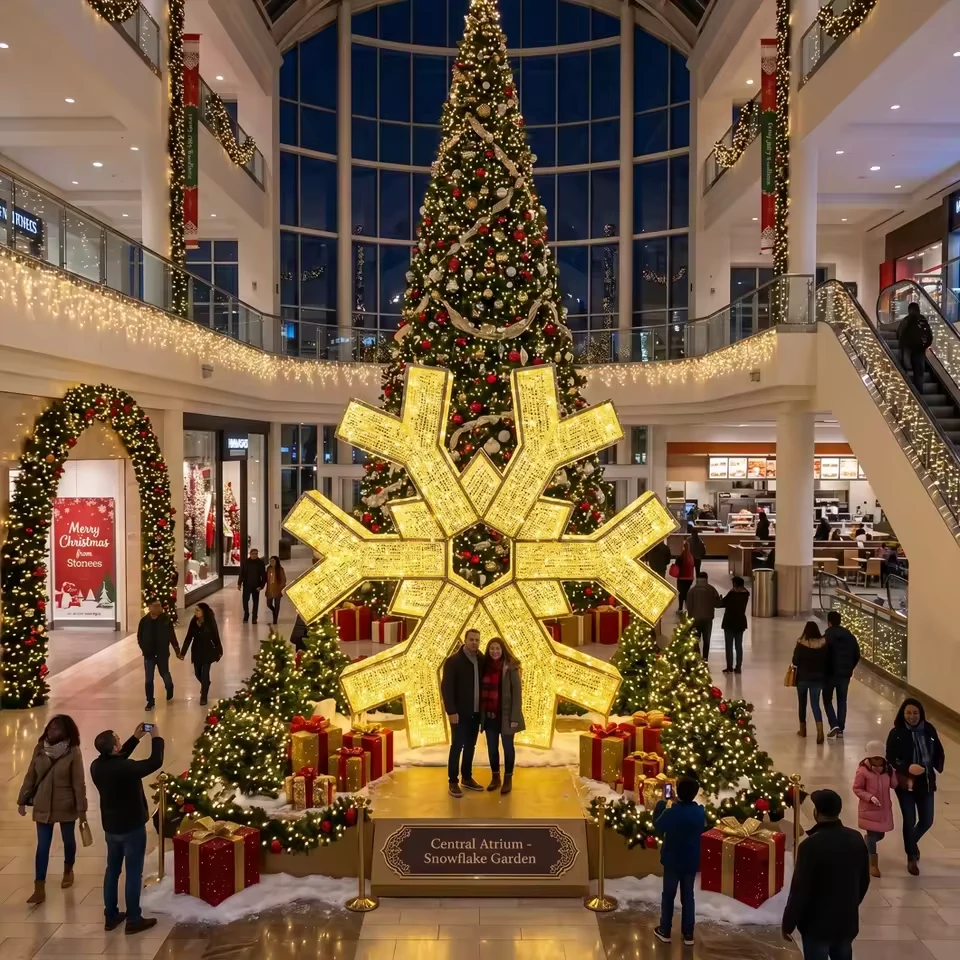 Giant snowflake light beside a shopping mall Christmas tree