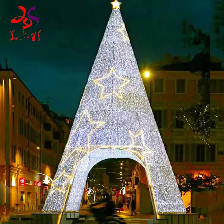 Giant white cone Christmas light tree with gold star motifs and a walk-in arch entrance