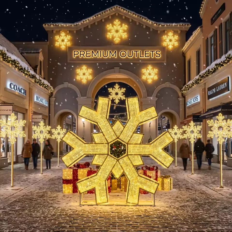Floco de neve gigante, branco e quente, iluminado, numa decoração comercial de inverno