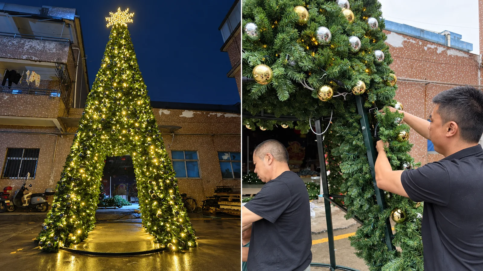 HOYECHI factory team assembling a decorated Christmas tree with warm white lights and gold ornaments