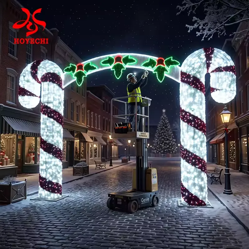Holly-trimmed candy cane arch concept illustrating access equipment for installation planning
