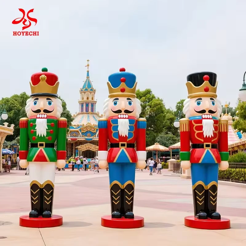 Three colorful nutcracker statues arranged as a festive group