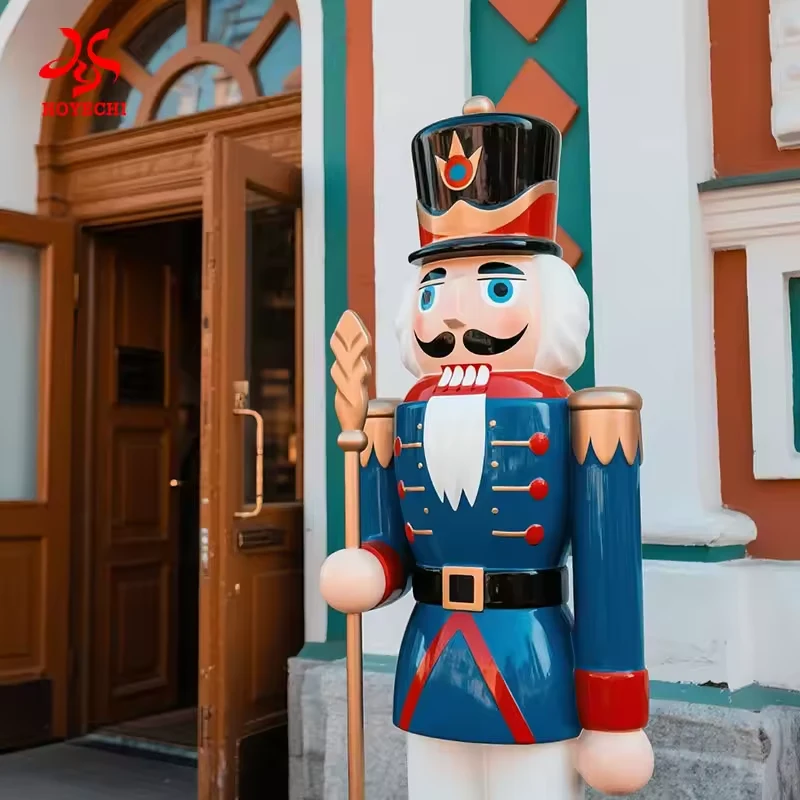 Close view of a blue uniform fiberglass nutcracker soldier