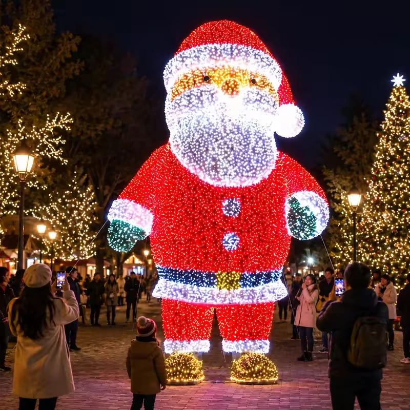 Large red and white Santa Claus light sculpture illuminated at night
