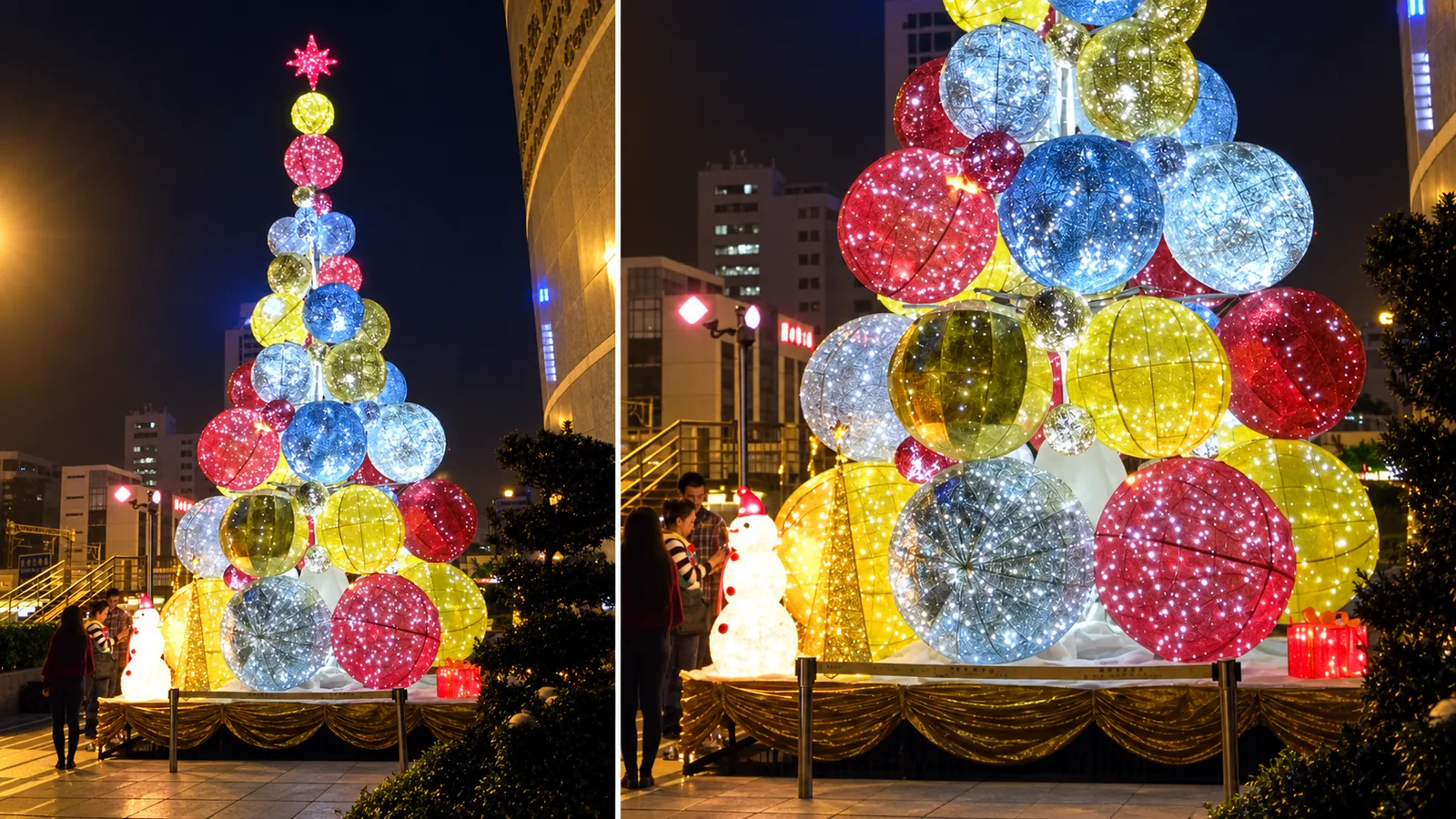 Christmas tree formed from illuminated red, yellow and blue baubles at a Shenzhen commercial site