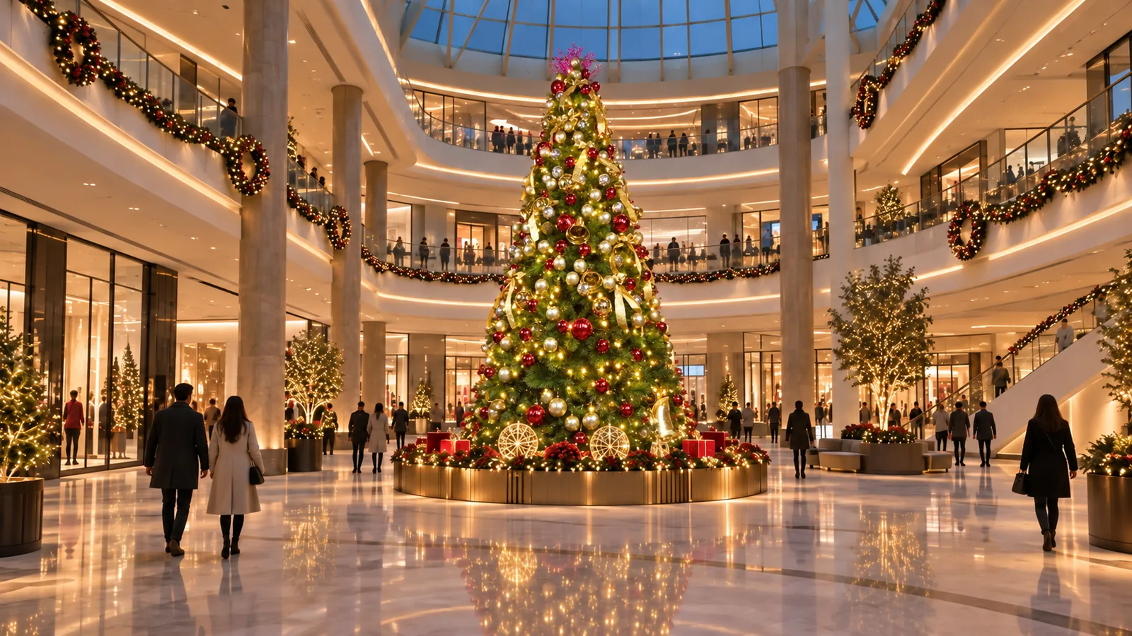Shopping mall Christmas tree concept with red and gold ornaments and gold ribbons