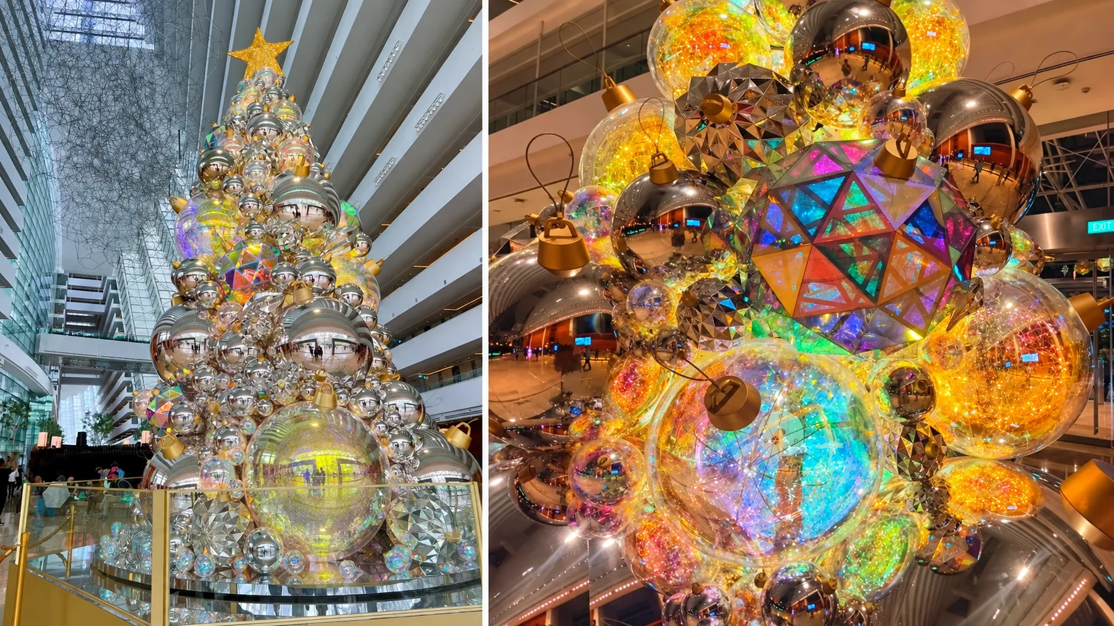 Full view and illuminated bauble details of a commercial Christmas tree project in Singapore