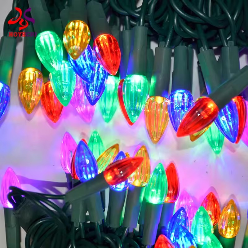Multicolor C3 faceted LED string lights for commercial Christmas greenery