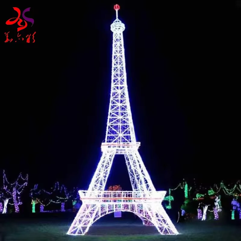 White and blue LED Eiffel Tower sculpture with an open metal frame