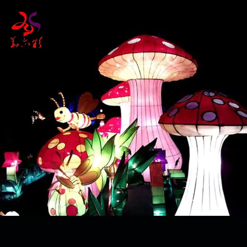 Tall red and white mushroom lanterns with illuminated stems