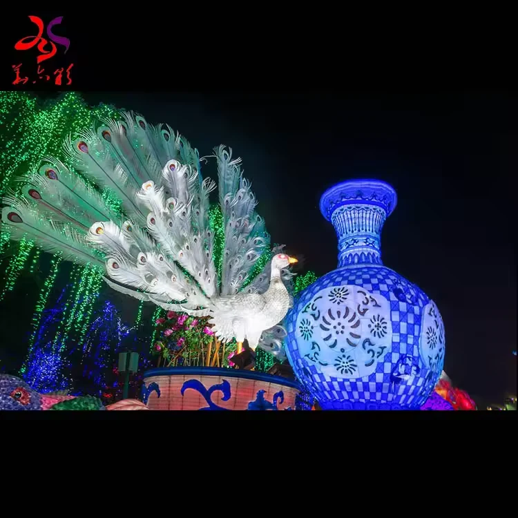 Side view of a white illuminated peacock beside a blue and white vase display