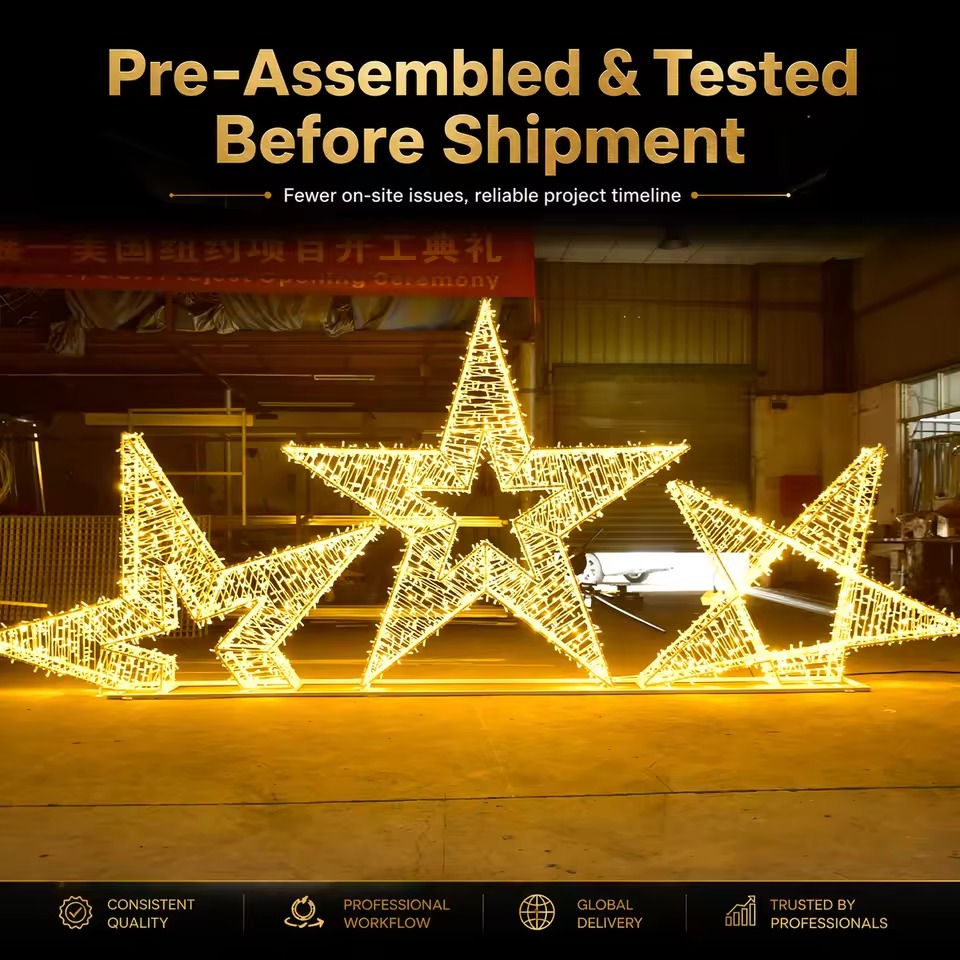 Warm white five-point LED stars in three sizes arranged in the factory