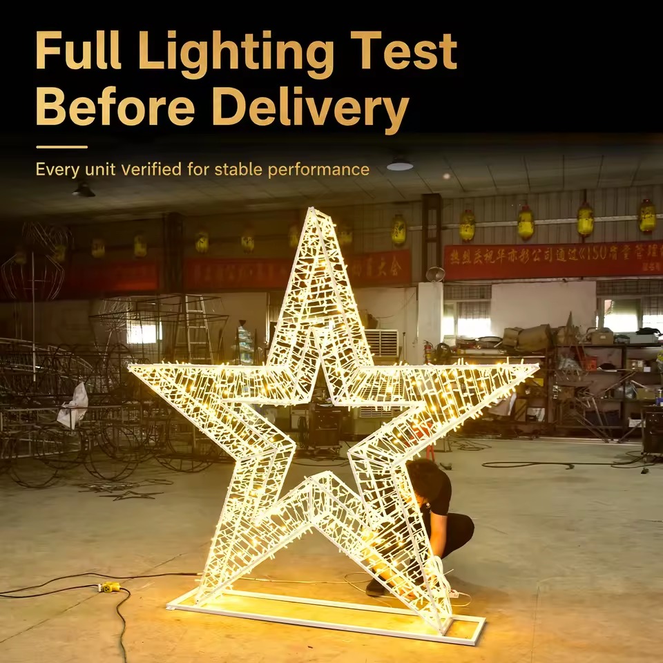 Freestanding warm white five-point LED star on a rectangular base during workshop lighting test