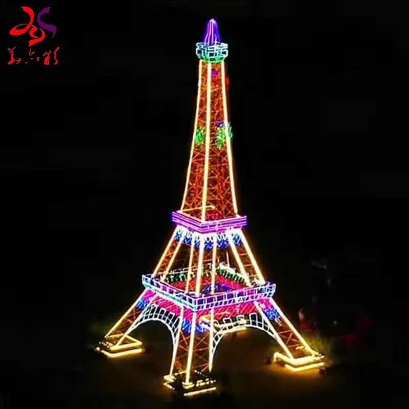 Multicolor Eiffel Tower light sculpture with illuminated outlines