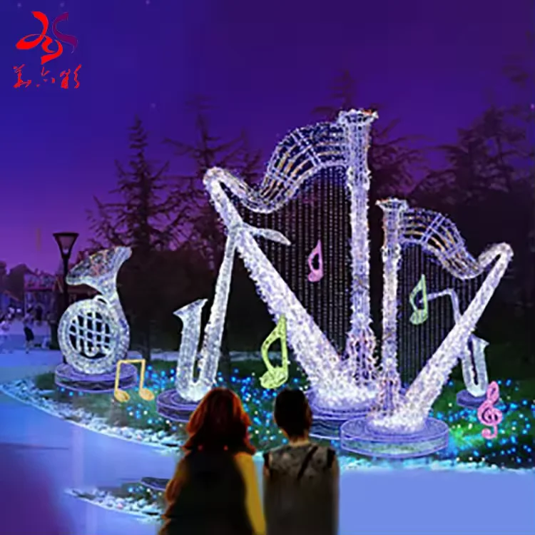 Giant white LED harp sculpture with colored musical notes