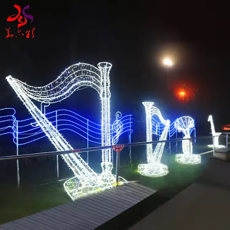 Freestanding harp motif lights beside an outdoor walkway