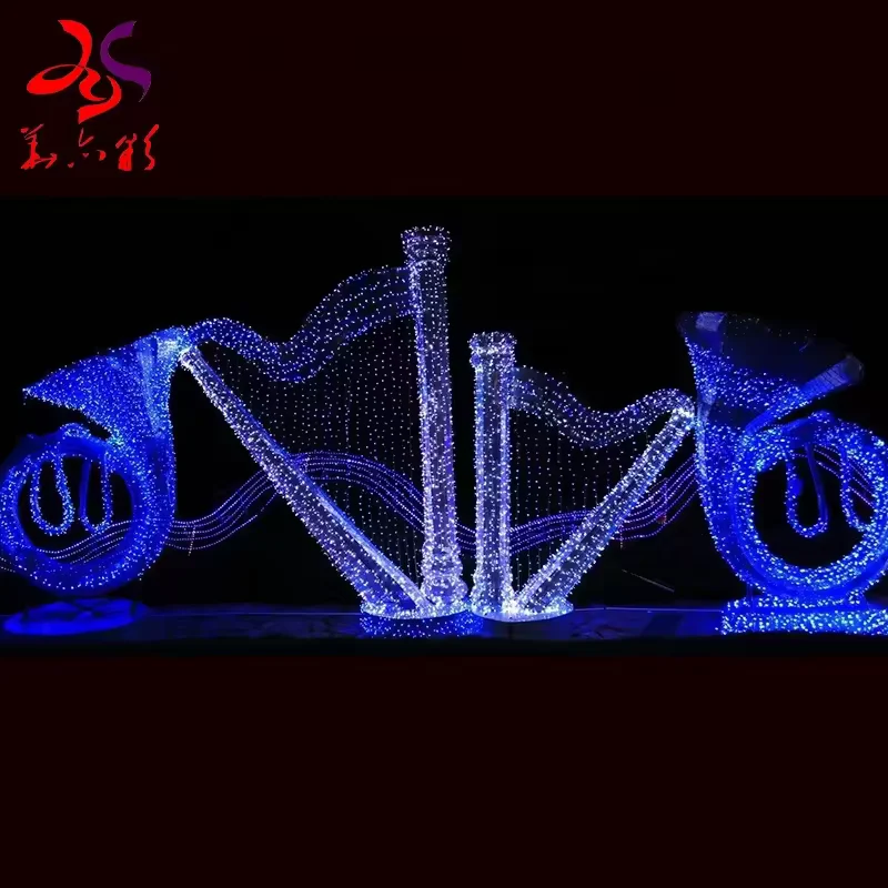 Blue and white illuminated harp and brass instrument sculptures