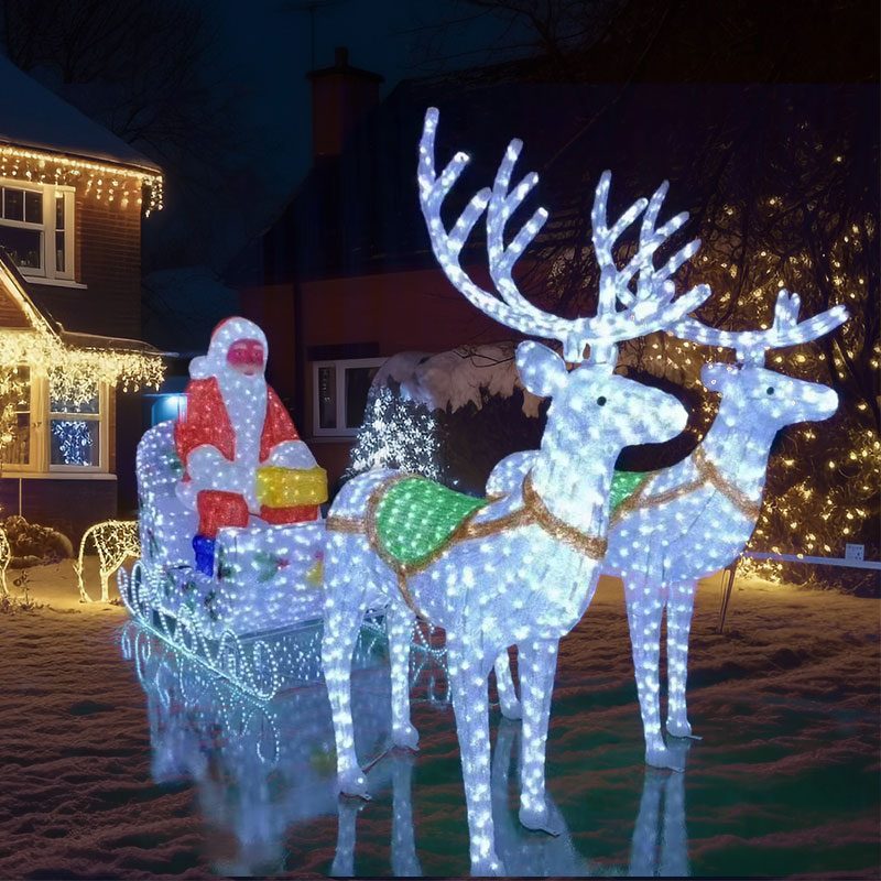 Giant LED light-up reindeer sleigh decoration with Santa Claus for outdoor Christmas display