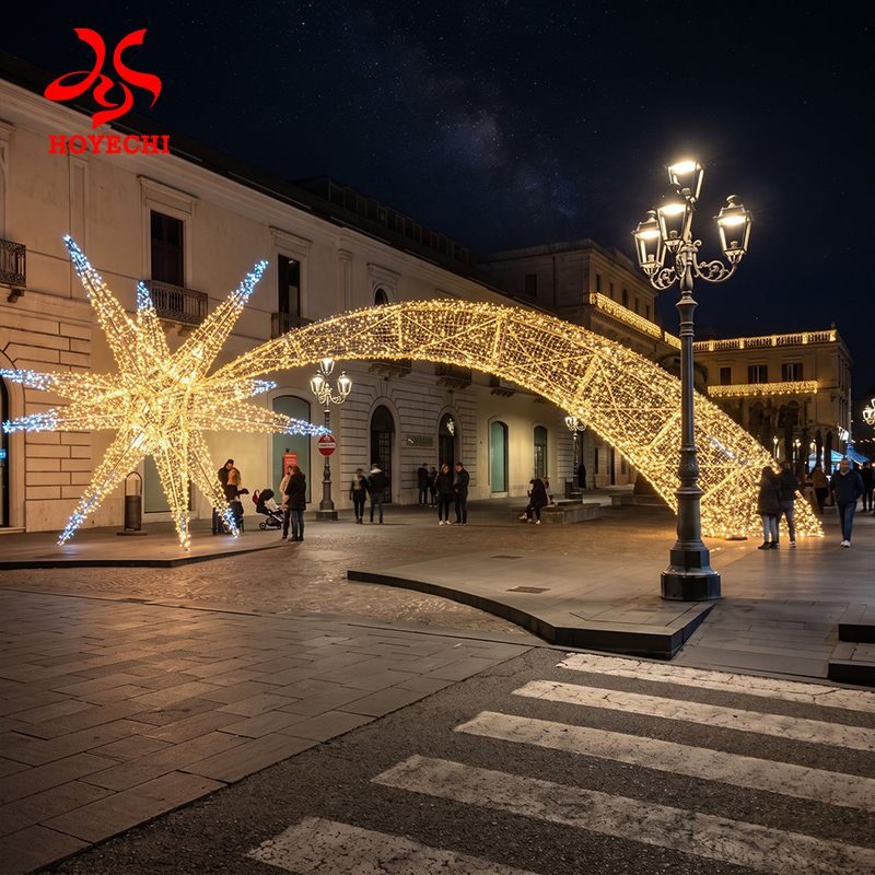 Concept visualisation of a warm-white commercial Christmas star arch light display