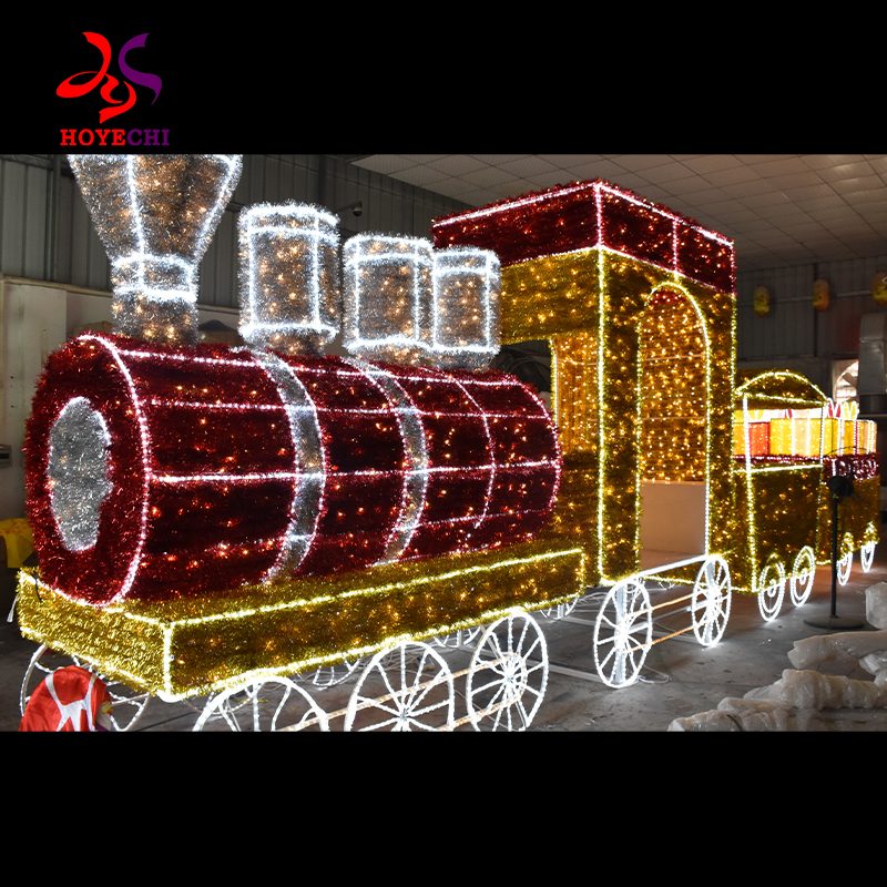 Large outdoor LED Christmas train light sculpture for holiday displays