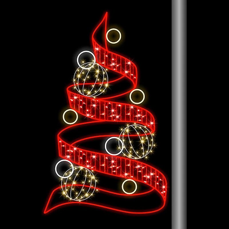 Red Christmas tree street light pole motif with LED lights for festive decoration