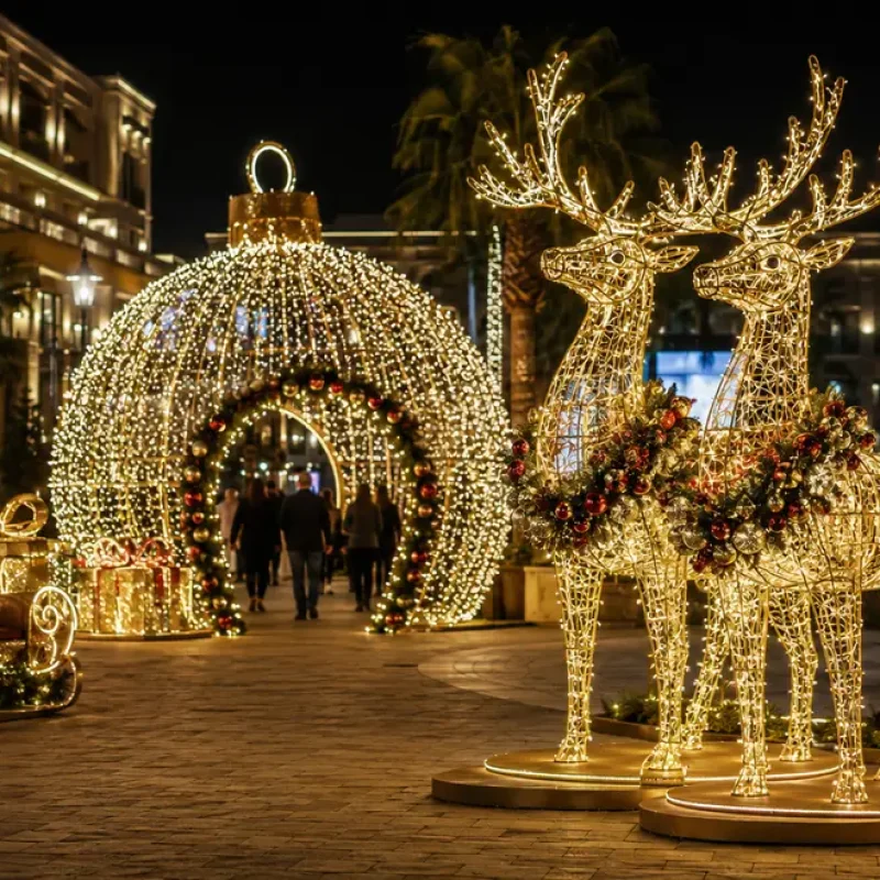 منحوتات ثلاثية الأبعاد من أضواء عيد الميلاد تضم أيائل مضيئة، ومزلقة، وصناديق هدايا، ومنطقة للتصوير على شكل زينة عملاقة