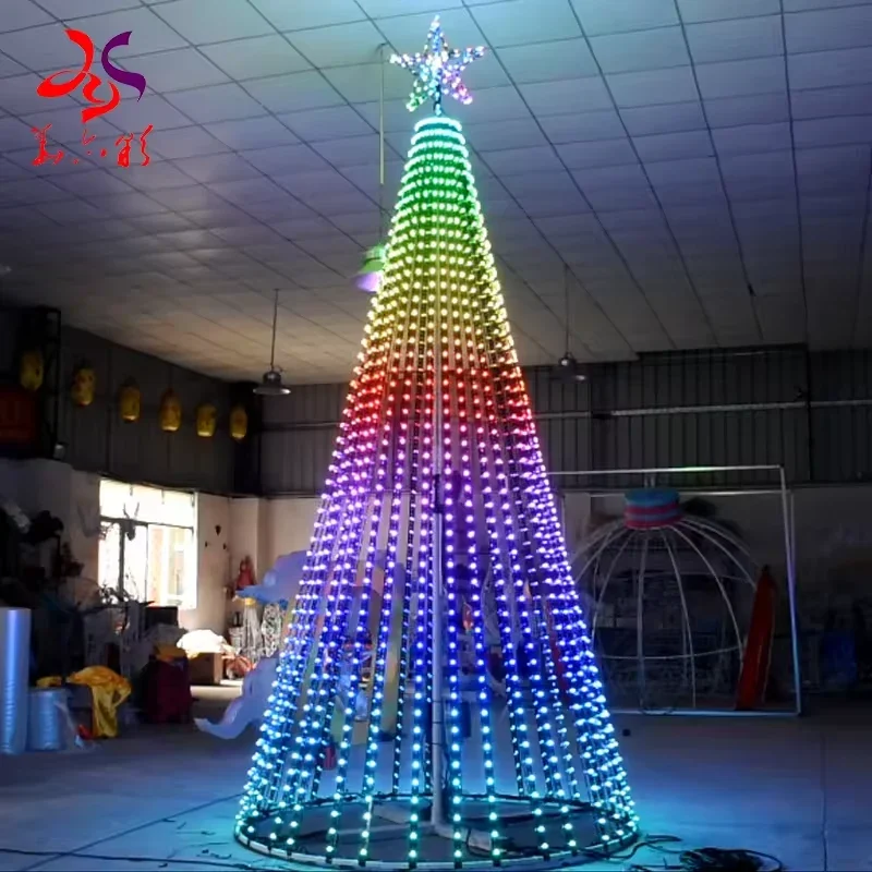 4m RGB pixel Christmas tree showing rainbow color bands during factory testing
