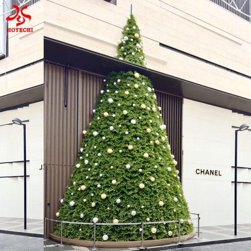 Custom outdoor Christmas tree with gold and white ornaments for luxury retail holiday display