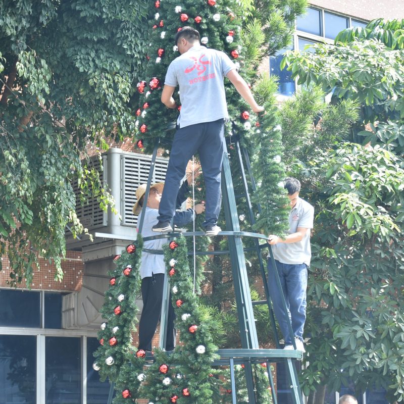 Workers assembling a large commercial Christmas tree during outdoor installation
