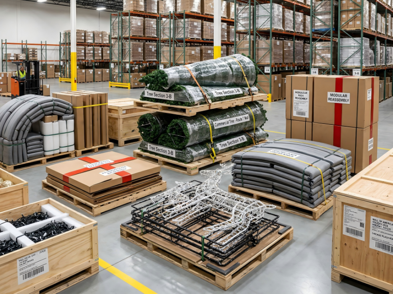 Large commercial holiday decorations packed in modular sections inside a warehouse to reduce shipping and storage costs