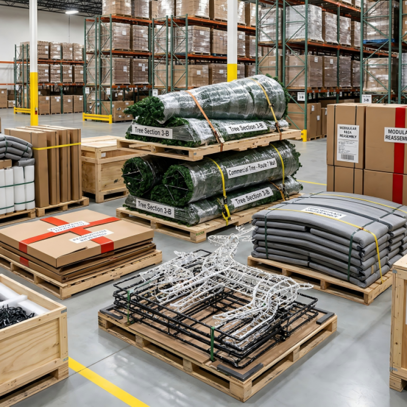 Grandes decorações de férias comerciais embaladas em secções modulares dentro de um armazém para reduzir os custos de transporte e armazenamento