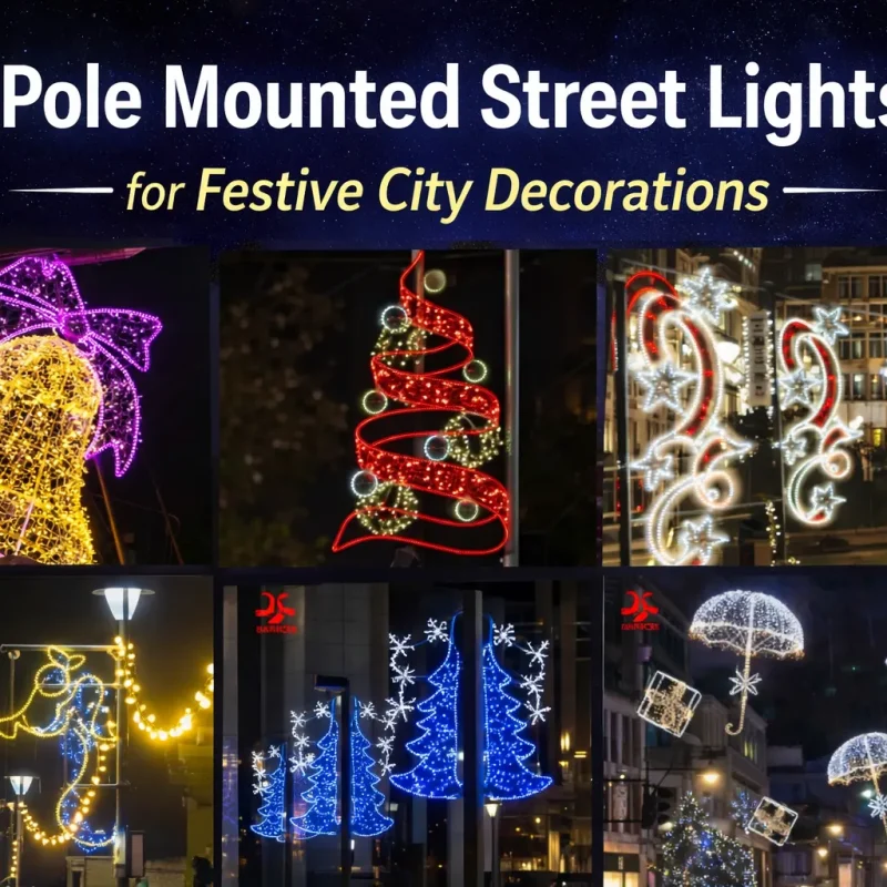 Luzes de rua montadas em postes para decorações festivas da cidade