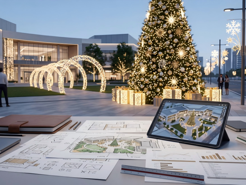Escena de planificación de proyecto de decoración navideña comercial con un gran árbol navideño, arcos iluminados, luces con motivos callejeros y documentos presupuestarios para un proyecto de centro comercial, parque o ciudad.