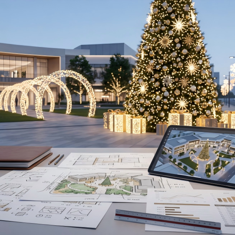 Cena de planeamento de um projeto comercial de decoração de Natal com uma grande árvore de Natal, arcos iluminados, luzes de rua e documentos orçamentais para um centro comercial, parque ou projeto urbano