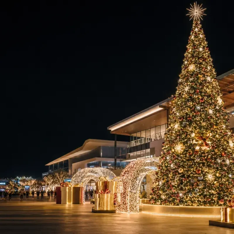 Commercial Christmas decoration solutions with a giant tree, light arches and gift box displays at a shopping mall