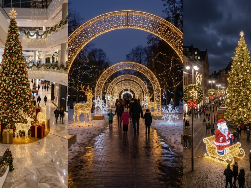 Commercial Christmas decorations shown across a shopping mall atrium, a park light route, and a city square holiday display