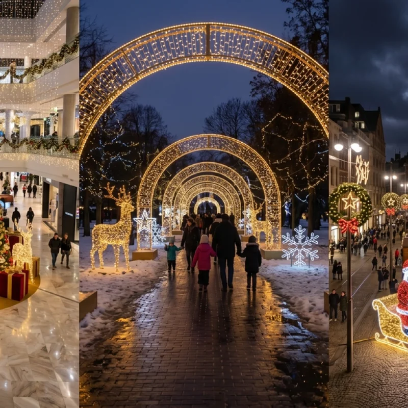 Commercial Christmas decorations shown across a shopping mall atrium, a park light route, and a city square holiday display