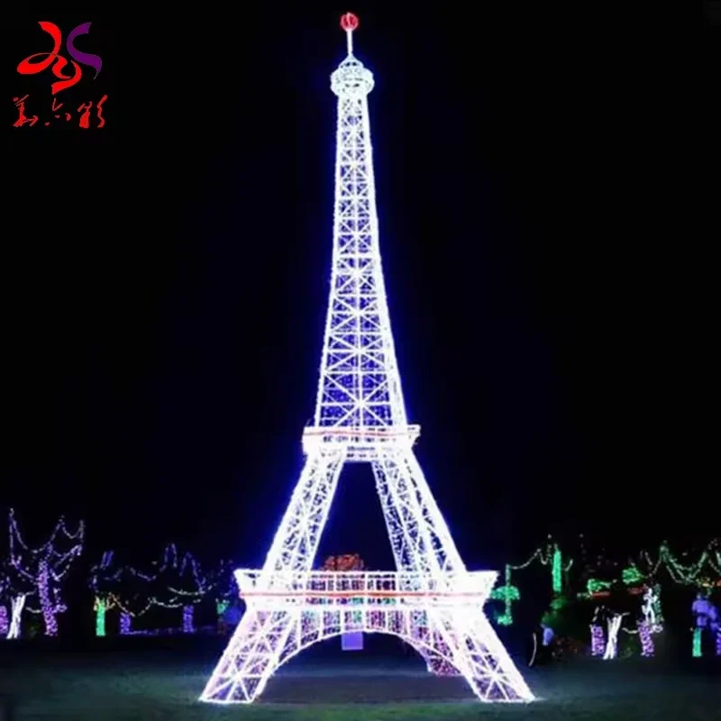 White and blue LED Eiffel Tower sculpture with an open metal frame