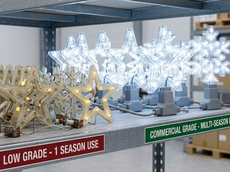 Comparing commercial grade ROI vs low-grade seasonal lighting for wholesale inventory.