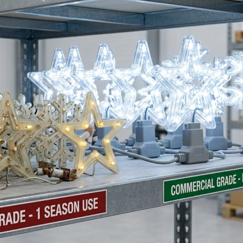Comparing commercial grade ROI vs low-grade seasonal lighting for wholesale inventory.