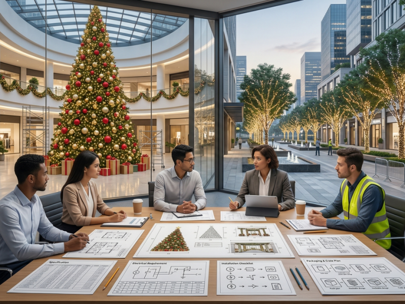 Escena de planificación de la adquisición de decoración navideña comercial con propietarios de proyectos y contratistas, revisión de planos, especificaciones, requisitos eléctricos y listas de comprobación de la instalación.