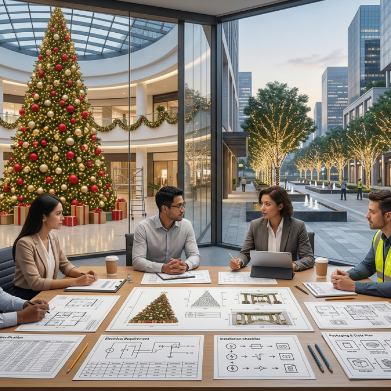 Cena de planeamento de aquisição de decoração de férias comerciais com proprietários de projectos e empreiteiros, revendo desenhos, especificações, requisitos eléctricos e listas de verificação de instalação