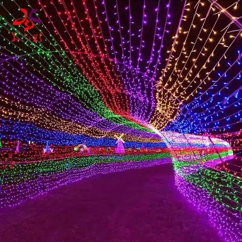 Multicolor LED string lights covering a walk-through tunnel