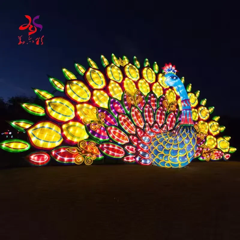 Colorful illuminated peacock lantern with a wide feather fan for commercial outdoor displays