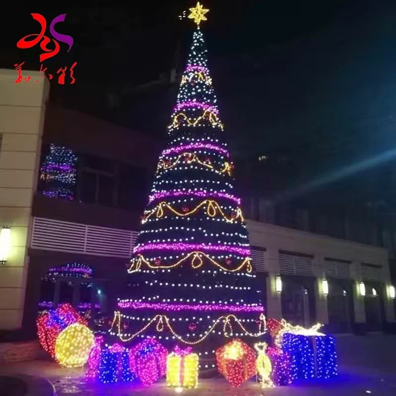 Commercial RGB Christmas tree with purple light bands and warm white garland swags