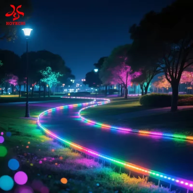 Supplier concept illustration of RGB LED strip lighting along a curved landscaped path